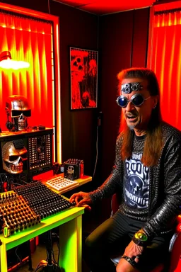 A fire starts in a radio studio, a Terminator T800 drums, a radio host of a hard rock show plays guitar, the host wears a gas mask and a black Iron Maiden shirt.