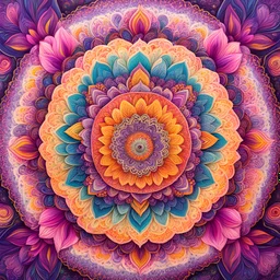 Radiating from the sun, the mandala expands with an array of vivid hues. Imagine petals in shades of soft pastel pinks, gentle lavender, and cheerful yellow, each one meticulously detailed with intricate designs. These petals intertwine and overlap, creating a mesmerizing dance of colors and shapes. As your eyes trace the outer edges of the mandala, envision the emergence of lush green leaves, symbolizing the growth and vitality of Spring. These leaves, like a lush canopy, embrace the mandala, f