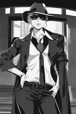 manga, anime, drawing, art, cartoon, perfect body, perfect hands, perfect face, perfect eyes, perfect arms, perfect cowboy hat, mafia woman, female mafia,, short hair pixie cut shaved side, black suit and tie, sunglasses, badass, cool, attractive