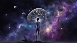 abstract 2d digital art graphic and ink montage,. galaxy in background with nebulas, pale silver gray human nervous system with fade little lights , dark purple, white-dark blue-pale gray and black colors, stunning composition with strange surreal vibe, emotional, abstractions, neurodivergens soul and mind, cinematic, thriller, four little human dark shilouette floatings in universum