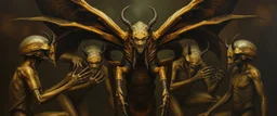 master oil painting by Rembrandt, insectoid Nephilim tribe trauma watchers in the style of Giger