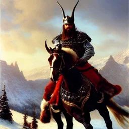 portrait of 'The Northman-Viking King on horse',ancient metal armor,horned helmet,castle,army,mountains, snow, cold, painting by gaston bussiere, greg rutkowski, yoji shinkawa, yoshitaka amano, tsutomu nihei, donato giancola, tim hildebrandt, evan lee,oil on canvas, cinematic composition, extreme detail,fit full head inside picture,16k