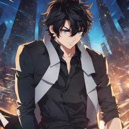 (masterpiece), (anime style), award winning, close up, centered, headshot, looking toward camera, messy black hair, young man, blue eyes, modern intricate background, dynamic lighting, depth of field, ultra detailed, (epic composition, epic proportion), 2D illustration, professional work, black clothes