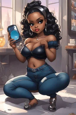 Create a futurism magna art of a black chibi curvy female sitting on the floor looking at herself in a hand mirror. She is wearing tight blue jeans and a black off the shoulder blouse. Prominent make up with lush lashes. Highly detailed long wavy hair. She is also wearing silver large hoop earringsart of a black chibi curvy female sitting on the floor looking at her cell phone. She is wearing tight blue jeans and a black off the shoulder blouse. Prominent make up with lush lashes.