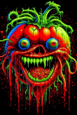 a large, deranged tomato with a maniacal expression and a dripping maw, and long vine arms, chasing a fleeing person; glitter, Luminous color sparkles, extreme colors, 1980's poster art, vaporwave