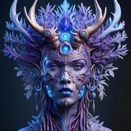 3D rendering of Expressively detailed and intricate of a hyperrealistic “head”: front view, colorful, purple and blue, antler, tribalism, shamanism, cosmic fractals, dystopian, octane render, 8k post-production, detailled metalic bones, dendritic, artstation: award-winning: professional portrait: atmospheric: commanding: fantastical: clarity: 16k: ultra quality: striking: brilliance: stunning colors: amazing depth