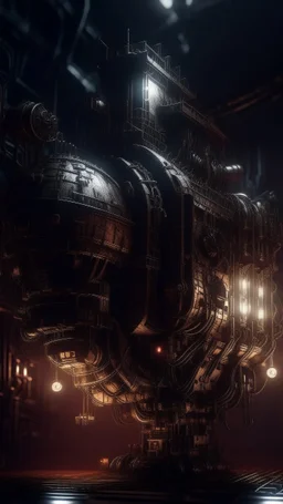 Si-Fi, The ship engine , atmospheric lighting effects, intricate industrial details, moody atmosphere, eerie grimdark ambiance, complex motherboard accents, speculative fiction art. Bokeh