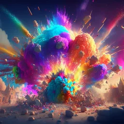 multiple colorful magical explosions destroy a kingdom, 8k resolution, photorealistic, ultra detailed