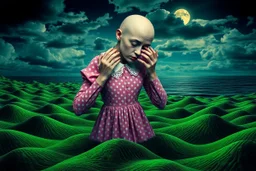 surreal artwork featuring a distorted figure in a pink polka-dotted dress with lace collar, holding its own head. The figure's oversized hands are pressing into a vibrant, textured green landscape op art with unnatural, wavy patterns. A glowing moonlit sky with dramatic clouds and a calm sea in the background. The atmosphere is dreamlike, surrealist, and slightly eerie, with a focus on metaphoric symbolism and the uncanny valley effect