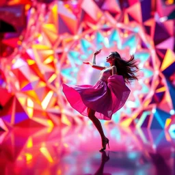 A young lady in modern dress dances in a vibrant, vibrating, color-rich 3D stage of metallic and crystal recursive geometric structures and an evolving ,Creative 3d fractal art, blurred bokeh effect,