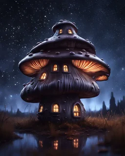 An illogically floating mushroom house on a clear night. silver and platinum and chrome, Stars Dark cosmic interstellar. Detailed Matte Painting, deep color, fantastical, intricate detail, splash screen, hyperdetailed, insane depth, concept art, 8k resolution, trending on Artstation, Unreal Engine 5, color depth, backlit, splash art, dramatic, High Quality Whimsical Fun Imaginative Bubbly, perfect composition