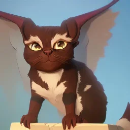 A little cute friendly cat looking gargoyle pet with goat horns and wings Nick Harris style