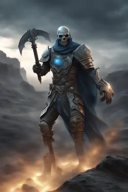 photorealistic Ancient undead psi-warrior knight commander wearing fullplate being surounded by blue aura wandering the wasteland