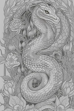 coloring book page of a magical snake, monochrome, black and white, sharp, sketch drawing