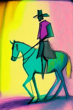 Man on horseback in the style of Paul Klee, Degas, pastel chalk with thin sketchy lines, vibrant colours, ink transfer