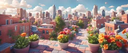 Background: rooftop overlooking a fun colorful city on a bright sunny day landscape, clouds, plants, paved sidewalk, 3d cartoon asset, clean Details: colorful flowers, bricks, string lights, modern American city, quirky angle shaped buildings. Camera: frontal angle, 90°, 50 mm. Lighting: high noon sun, LED lights. 3d asset, cartoon style