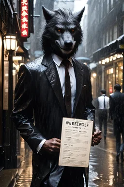 Werewolf in a suit walking the streets of Soho in the rain. He's holding a resraurant menu in his hand, and his hair is perfect. There is a Chinese restaurant in the background. Photograph.