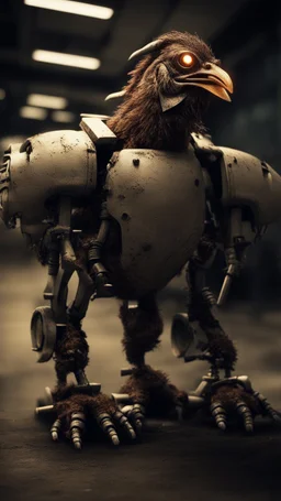 chicken monster robot with eerie lighting and a haunting atmosphere , photo / ultra realistic cinematic