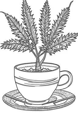 Outline art for coloring page, A MARIJUANA JOINT WITH WHISPS OF SMOKE NEXT TO A JAPANESE CHAWAN TEACUP, coloring page, white background, Sketch style, only use outline, clean line art, white background, no shadows, no shading, no color, clear