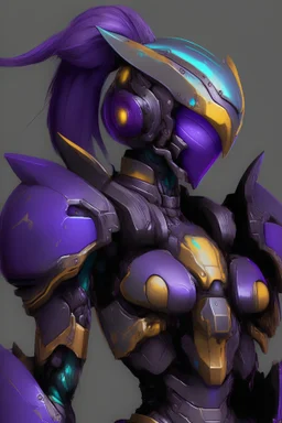 One Genderless Cyborg made of old rusted metal, has a human like face with a really long violet ponytail, the armor is similar to Omega from Megaman. The color palatte of the armour is deep purple and yellow. They have Turquoise colured eyes. The Background is dark grey.