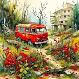 Landscape painting of ruins of apocalyptic streets, abandoned buses, staggered circling forests, surrounded by rust-colored vines, a sika deer staring ahead, precisionism, watercolor, with a few beautiful wild red flowers
