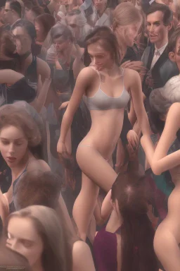 Two woman catches each others eyes in a crowd full of people. The attraction is overwhelming. Chaos50 with 8k high resolution