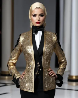 professionals photography realistic natural beauty,stand action pose ,in islamic luxury fashion show an beautiful young girl super model russian wearing islamic hijab as spy detective with shoulder length wearing luxury jewelrys and lipstick. She is wearing a islamic fashion luxury tuxedo with a black bowtie. Her jacket is black decorations golden art and it is not buttoned.Her jacket has a corsage,She is smiling. Her cufflinks are black.stand pose in futuristic luxury photos studio