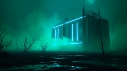 um cenário desolado e sombrio, ambiente ao redor parece ser uma paisagem futurista com neblina verde. A sensação geral é de abandono e mistério, o ambiente com prédio imenso com luz neon azul e neblina neon agora inativo forte com a escuridão do cenário.