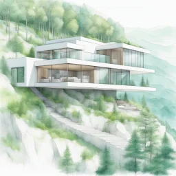 Architectural drawing of spectacular views of a modern house suspended on the side of a mountain, using light and resistant materials. Hyper detailed, ultra quality. green trees