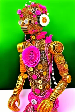 "AI, the Universe, and Everything"; is a pink gold metallic robot wearing a designer suit decorated with quilling found in nature such as feathers, foliage, flowers, and shells; Abstract art; Mixed Media; quilling