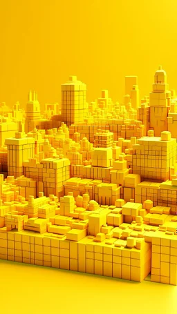 A golden yellow city made out of blocks painted by Zosan