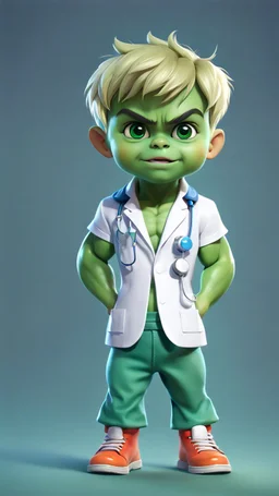 Lovely little baby hulk, full body portrait of cute little chibi boy looking at the camera realistically, dressed as a doctor, bright colors make octane popular on artstation, solid color background wall, lovely, cute, 3D rendering, cute pixar, inspired by Do cheung, blonde boy, andrew dixon, realistic, 3d, anime style, well shaded, smooth, pixar.