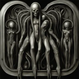 HR Giger's biomechanical art often explores themes of sexuality, gender, and the merging of human and machine. In some of his works, he portrays female figures with spread legs in a provocative and aggressive manner, emphasizing a sense of raw and primal energy. The spread legs in Giger's biomechanical art may symbolize themes of power, vulnerability, and eroticism, as well as the blurring of boundaries between human and machine. The juxtaposition of organic and mechanical elements in these com