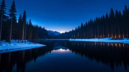 night,Ultra Wide shot angle photo of a snowy fir forest,lakeside, blue lake,fireflies,reflections,4k