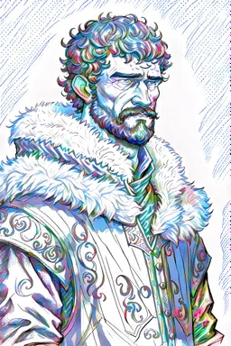 man, age 20, medieval, fighter, russian, croocked nose, czar, rich, simple clothes, short messy hair, thick beard, oligarch, leather coat with fur, colobrocade clothes, pencil drawing, black or red hair, colour, color, farbig