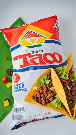 "Taco in a Bag" which consists of an open Doritos chip bag containing Doritos chips and cooked ground beef and lettuce and shredded cheese and tomato pepper and onions and more naco chips, food blogger photography