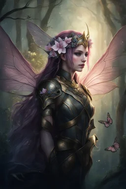 Pink,Hydrangea,orchids,lilies of the valley,night,pink hair,rapunzel hair,elven crown,dragonflies,pointed ears,elven ears,dark fairy princess,sparkle,,dark gold armour,fairy wings,pink