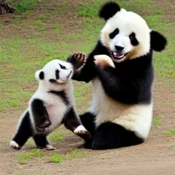 a puppy playing with a baby panda