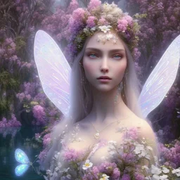 high-quality, fine-detail closeup of beautiful, stunning fairy sitting beside a clear, reflective lake, flowers, butterflies, small globes of iridescent light, tranquil, gorgeous, 8k resolution, 3D octane render, intricate, digital art, detailed matte, volumetric lighting, George Grie, Anne Dittman, Anne Stokes, Lisa Parker, Selina French,