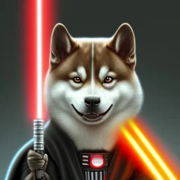 darth shiba inu sith lord with a red light saber glowing