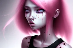 girl angry, beautiful, cute, bloody, pink hair, black shirt