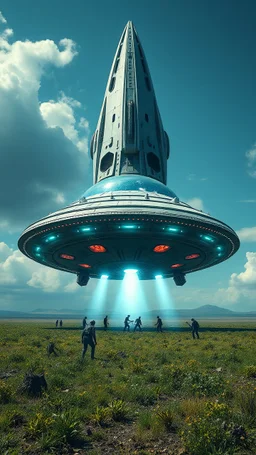 Unrealistic . Imaginative. Unique. Photorealistic. interpretations. Distinct . Natural beauty . Highly Symmetry. Highly Detailed. Intricate. Mystery. Puzzle. Illusion. Dystopian. Colossal.UFO starship landed on the field Aliens are working around it to fix it