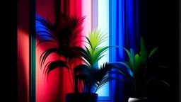 modernist style, a house plant shocking someone, navy blue, cherry red and soft cream color scheme, iridescent style, bright and reflective atmosphere light effects, holographic background, art nouveau, soft colors