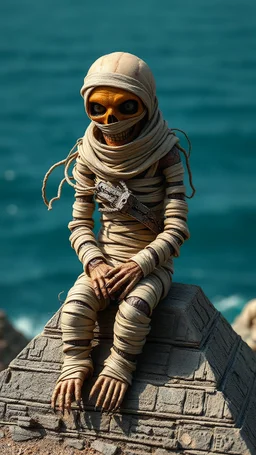 An unusual and surreal blend of organics anatomy and creatures structure of an weirds tiny small mummy fullbody escaping pumpkin skin appearance zombie. The mummy carnagge look the viewer sitting sadness hold umberalla on pyramid at the sea ocean blues. Very details and intriciate mechanicals fantasy surrealism.