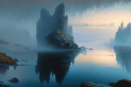 distant city, sea, mist, rocks, lake reflection, epic, otto pippel painting