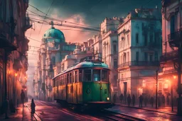 lisbon city view in fantasy cyberpunk style with famous tram, dramatic lighting