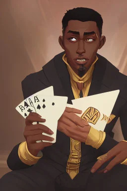 Dashing black man in a suit, holding a deck of cards.