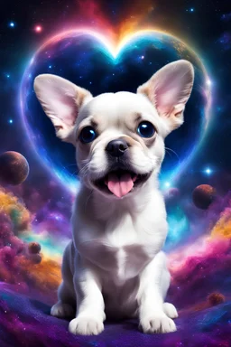large eyed happy puppy grey frenchton in the distance a colorful intricate HEART shaped planet similar to earth in a brig ażht nebula, sparkles, cinematic lighting, vast distances, swirl, fairies, magical darkness, sharp, depth, jellyfish, cinematic eye view, natural colours