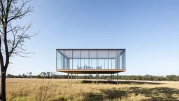 A minimalist elevated house inspired by Kazuyo Sejima, located in an open meadow. The structure features thin vertical supports that lift the house lightly above the ground, emphasizing openness and connection to the landscape. Transparent and semi-transparent materials allow light and shadows to play dynamically throughout the day.