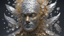 figure of a fish man with fish scale skin, art from Jasper Harvey's "art of control" collection, futuristic optics style, silver and gold, flower, bird, detailed facial features, swirling vortices, 8k 3d, bizarre cyborgs made of crystals, high detail, high resolution, 8K